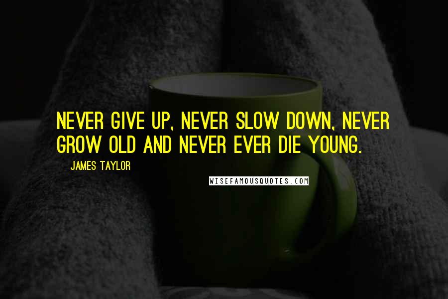 James Taylor quotes: Never give up, never slow down, never grow old and never ever die young.