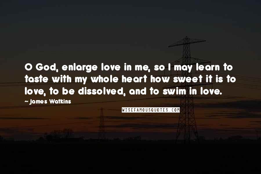 James Watkins quotes: O God, enlarge love in me, so I may learn to taste with my whole heart how sweet it is to love, to be dissolved, and to swim in love. James Watkins quotes: O God, enlarge love in me, so I may learn to taste with my whole heart how sweet it is to love, to be dissolved, and to swim in love.