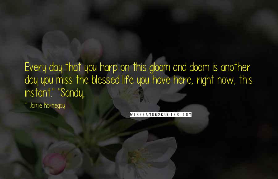 Jamie Kornegay quotes: Every day that you harp on this gloom and doom is another day you miss the blessed life you have here, right now, this instant." "Sandy,