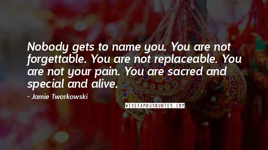 Jamie Tworkowski quotes: Nobody gets to name you. You are not forgettable. You are not replaceable. You are not your pain. You are sacred and special and alive.