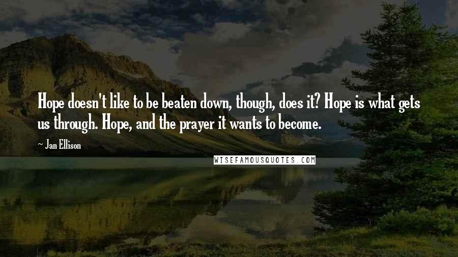 Jan Ellison quotes: Hope doesn't like to be beaten down, though, does it? Hope is what gets us through. Hope, and the prayer it wants to become.