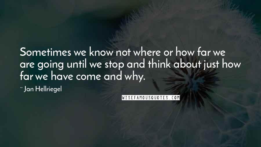 Jan Hellriegel quotes: Sometimes we know not where or how far we are going until we stop and think about just how far we have come and why.