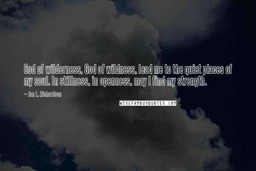 Jan L. Richardson quotes: God of wilderness, God of wildness, lead me to the quiet places of my soul. In stillness, in openness, may I find my strength.