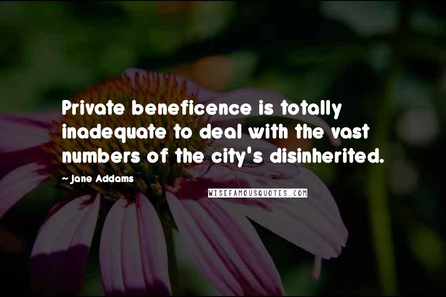 Jane Addams quotes: Private beneficence is totally inadequate to deal with the vast numbers of the city's disinherited.