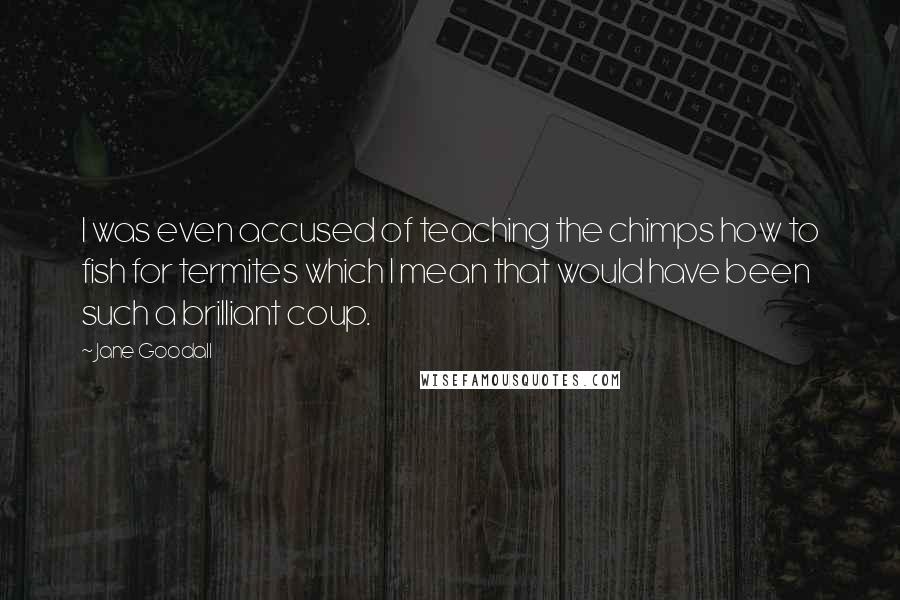 Jane Goodall quotes: I was even accused of teaching the chimps how to fish for termites which I mean that would have been such a brilliant coup. Jane Goodall quotes: I was even accused of teaching the chimps how to fish for termites which I mean that would have been such a brilliant coup.