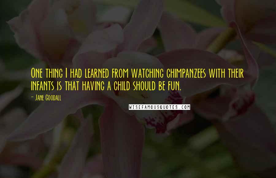 Jane Goodall quotes: One thing I had learned from watching chimpanzees with their infants is that having a child should be fun. Jane Goodall quotes: One thing I had learned from watching chimpanzees with their infants is that having a child should be fun.