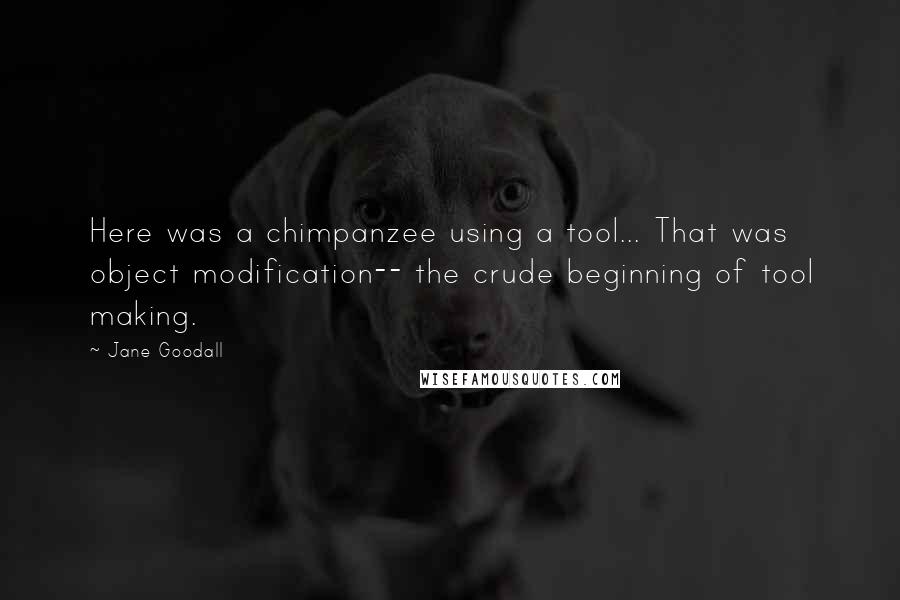 Jane Goodall quotes: Here was a chimpanzee using a tool... That was object modification-- the crude beginning of tool making. Jane Goodall quotes: Here was a chimpanzee using a tool... That was object modification-- the crude beginning of tool making.