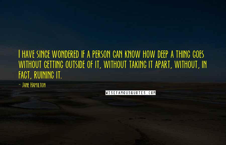 Jane Hamilton quotes: I have since wondered if a person can know how deep a thing goes without getting outside of it, without taking it apart, without, in fact, ruining it. Jane Hamilton quotes: I have since wondered if a person can know how deep a thing goes without getting outside of it, without taking it apart, without, in fact, ruining it.
