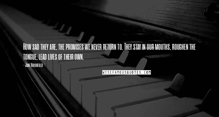 Jane Hirshfield quotes: How sad they are, the promises we never return to. They stay in our mouths, roughen the tongue, lead lives of their own.