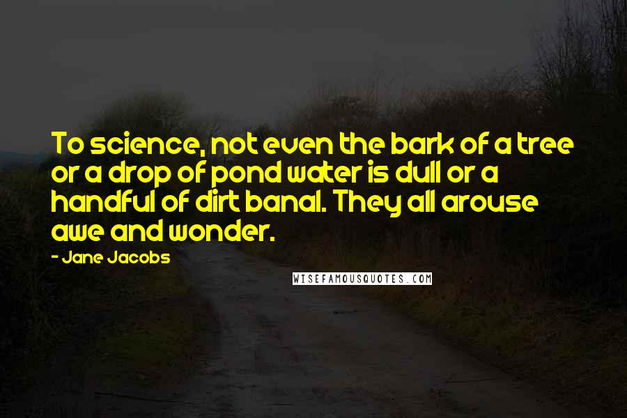Jane Jacobs quotes: To science, not even the bark of a tree or a drop of pond water is dull or a handful of dirt banal. They all arouse awe and wonder.