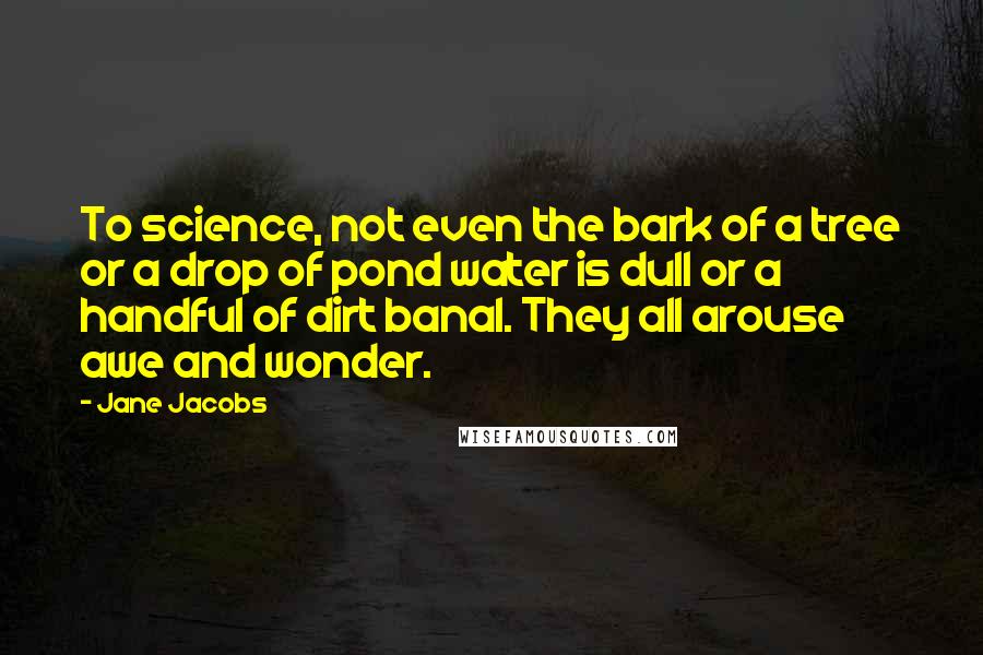 Jane Jacobs quotes: To science, not even the bark of a tree or a drop of pond water is dull or a handful of dirt banal. They all arouse awe and wonder. Jane Jacobs quotes: To science, not even the bark of a tree or a drop of pond water is dull or a handful of dirt banal. They all arouse awe and wonder.