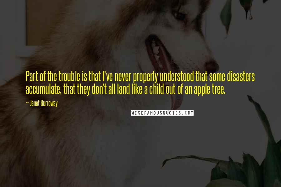 Janet Burroway quotes: Part of the trouble is that I've never properly understood that some disasters accumulate, that they don't all land like a child out of an apple tree.