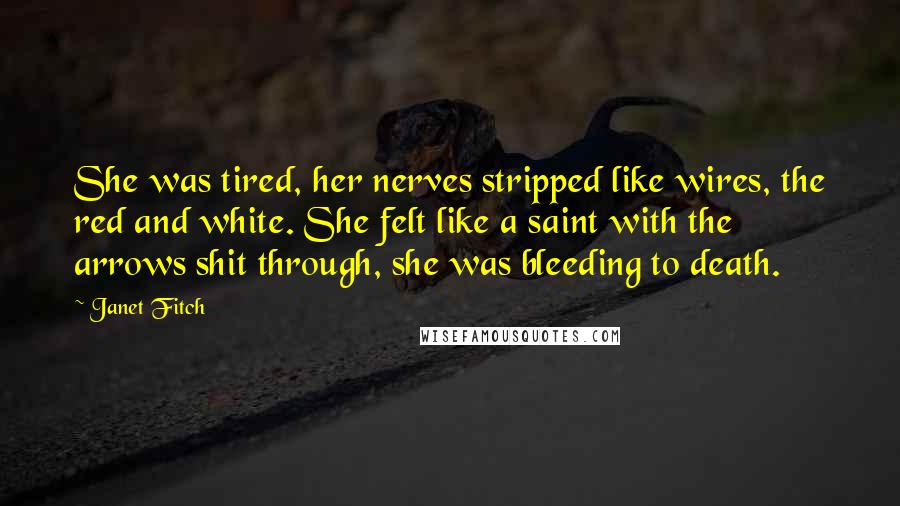 Janet Fitch quotes: She was tired, her nerves stripped like wires, the red and white. She felt like a saint with the arrows shit through, she was bleeding to death.