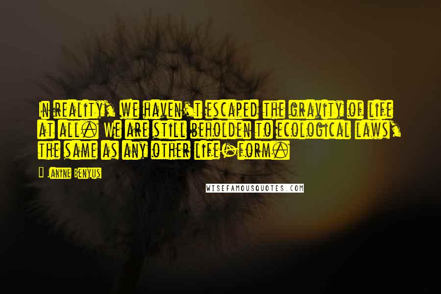 Janine Benyus quotes: In reality, we haven't escaped the gravity of life at all. We are still beholden to ecological laws, the same as any other life-form. Janine Benyus quotes: In reality, we haven't escaped the gravity of life at all. We are still beholden to ecological laws, the same as any other life-form.