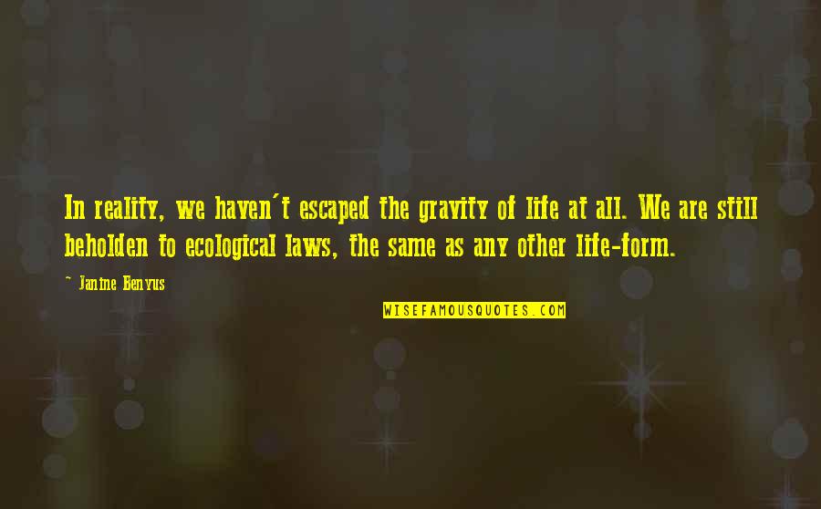 Janine Benyus Quotes By Janine Benyus: In reality, we haven't escaped the gravity of Janine Benyus Quotes By Janine Benyus: In reality, we haven't escaped the gravity of