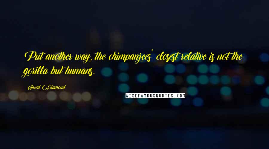 Jared Diamond quotes: Put another way, the chimpanzees' closest relative is not the gorilla but humans. Jared Diamond quotes: Put another way, the chimpanzees' closest relative is not the gorilla but humans.