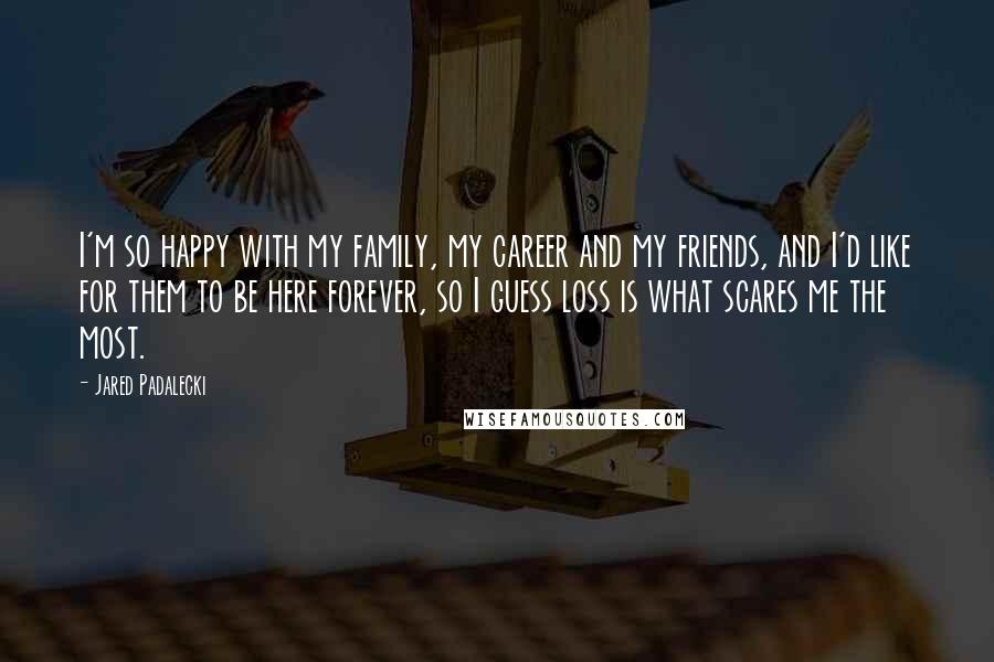 Jared Padalecki quotes: I'm so happy with my family, my career and my friends, and I'd like for them to be here forever, so I guess loss is what scares me the most. Jared Padalecki quotes: I'm so happy with my family, my career and my friends, and I'd like for them to be here forever, so I guess loss is what scares me the most.