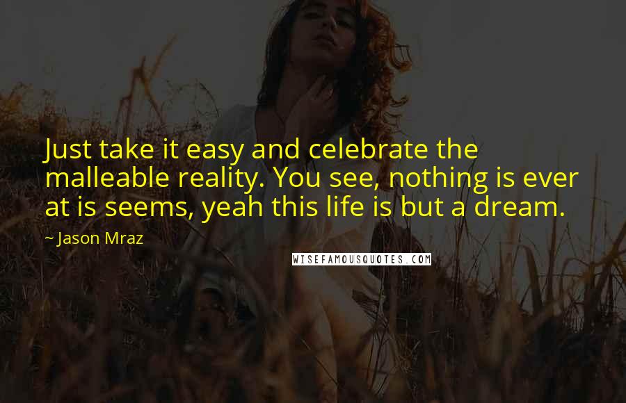 Jason Mraz quotes: Just take it easy and celebrate the malleable reality. You see, nothing is ever at is seems, yeah this life is but a dream.