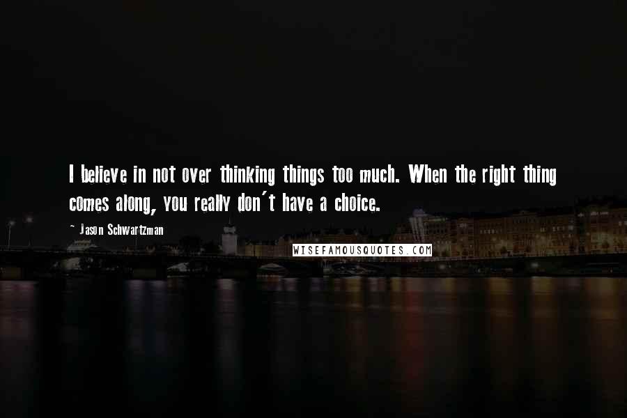 Jason Schwartzman quotes: I believe in not over thinking things too much. When the right thing comes along, you really don't have a choice.