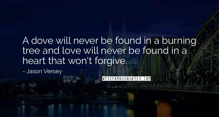 Jason Versey quotes: A dove will never be found in a burning tree and love will never be found in a heart that won't forgive.