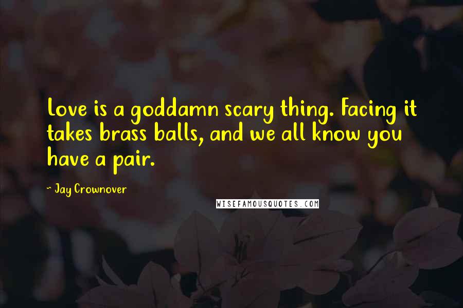 Jay Crownover quotes: Love is a goddamn scary thing. Facing it takes brass balls, and we all know you have a pair.