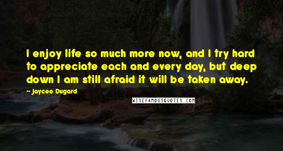 Jaycee Dugard quotes: I enjoy life so much more now, and I try hard to appreciate each and every day, but deep down I am still afraid it will be taken away.