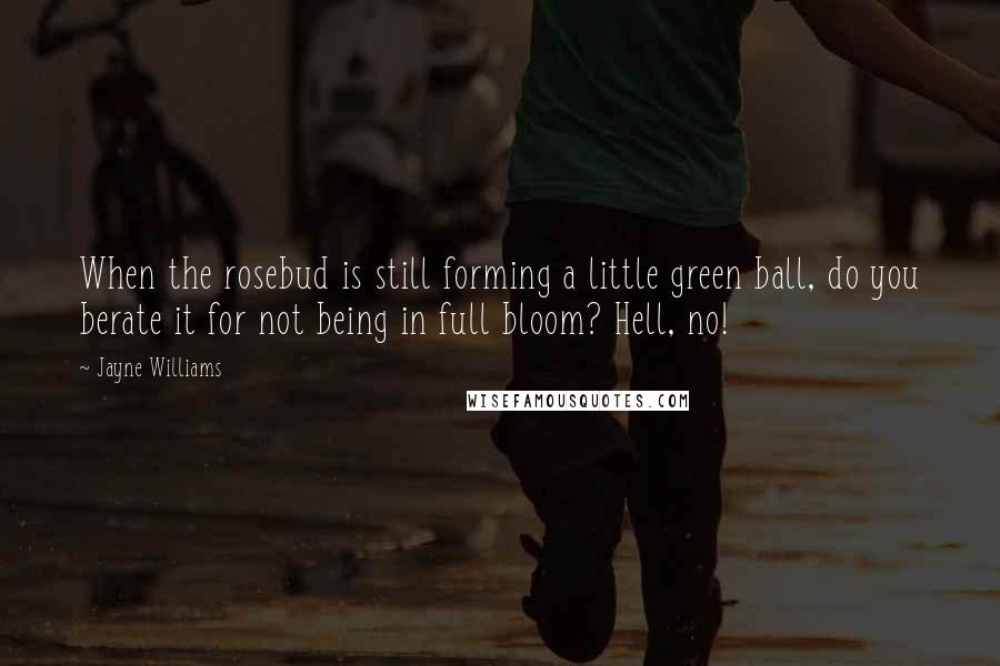 Jayne Williams quotes: When the rosebud is still forming a little green ball, do you berate it for not being in full bloom? Hell, no! Jayne Williams quotes: When the rosebud is still forming a little green ball, do you berate it for not being in full bloom? Hell, no!