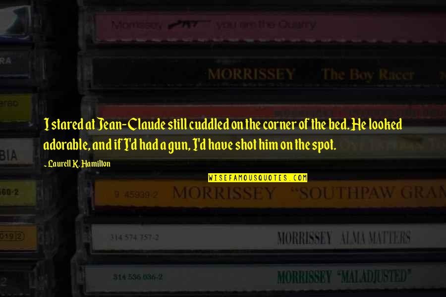 Jean Claude Quotes By Laurell K. Hamilton: I stared at Jean-Claude still cuddled on the Jean Claude Quotes By Laurell K. Hamilton: I stared at Jean-Claude still cuddled on the