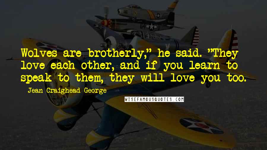 Jean Craighead George quotes: Wolves are brotherly," he said. "They love each other, and if you learn to speak to them, they will love you too.