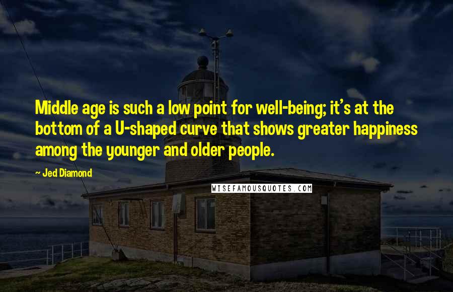 Jed Diamond quotes: Middle age is such a low point for well-being; it's at the bottom of a U-shaped curve that shows greater happiness among the younger and older people.