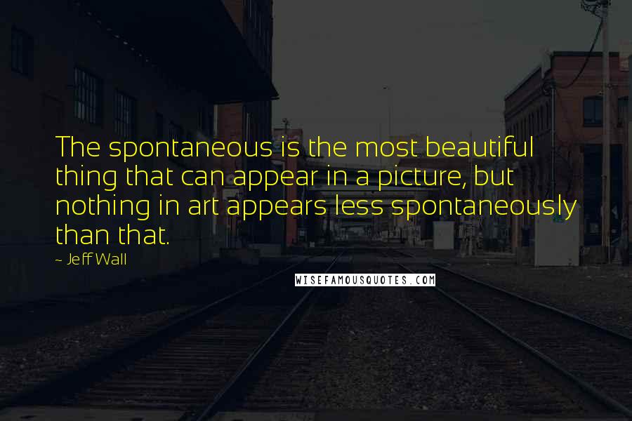 Jeff Wall quotes: The spontaneous is the most beautiful thing that can appear in a picture, but nothing in art appears less spontaneously than that.