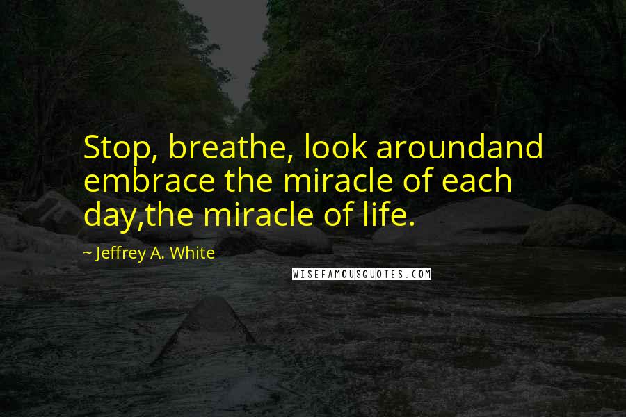 Jeffrey A. White quotes: Stop, breathe, look aroundand embrace the miracle of each day,the miracle of life.