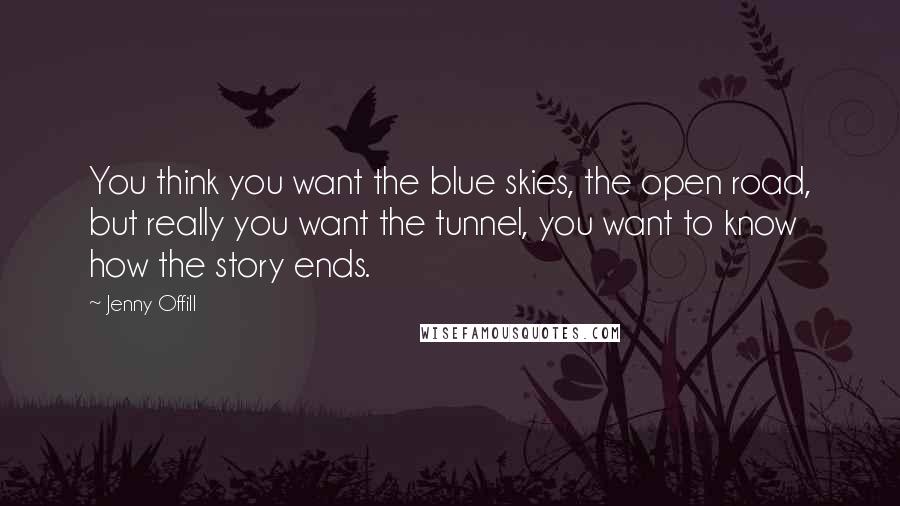 Jenny Offill quotes: You think you want the blue skies, the open road, but really you want the tunnel, you want to know how the story ends.