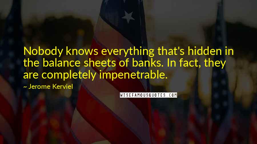 Jerome Kerviel quotes: Nobody knows everything that's hidden in the balance sheets of banks. In fact, they are completely impenetrable.