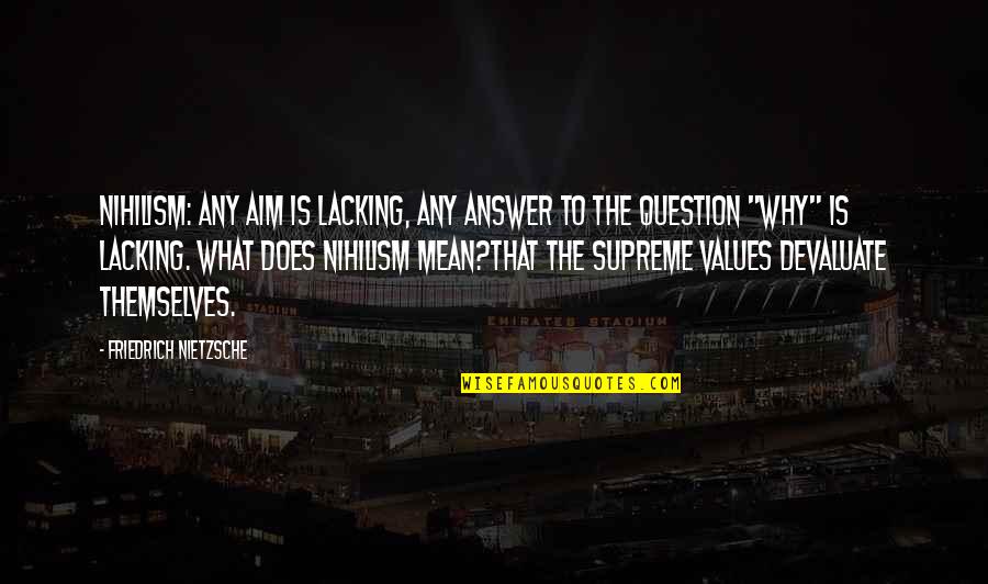 Jezza Clarkson Quotes By Friedrich Nietzsche: Nihilism: any aim is lacking, any answer to