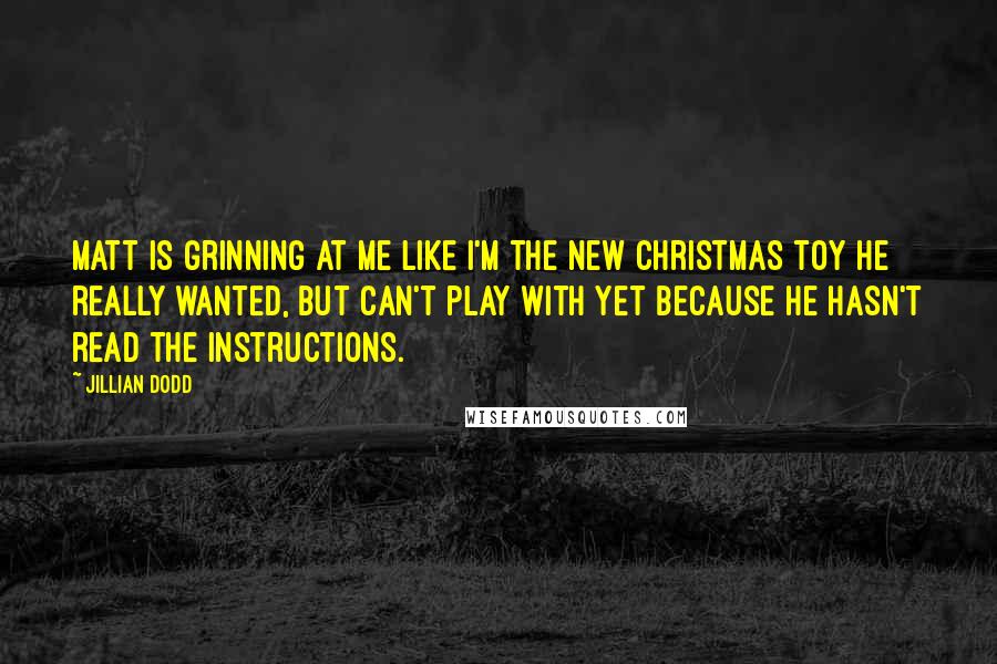 Jillian Dodd quotes: Matt is grinning at me like I'm the new Christmas toy he really wanted, but can't play with yet because he hasn't read the instructions.