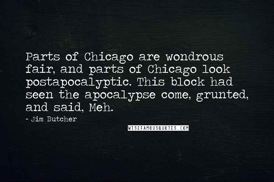 Jim Butcher quotes: Parts of Chicago are wondrous fair, and parts of Chicago look postapocalyptic. This block had seen the apocalypse come, grunted, and said, Meh.