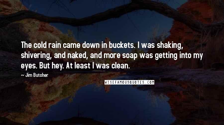 Jim Butcher quotes: The cold rain came down in buckets. I was shaking, shivering, and naked, and more soap was getting into my eyes. But hey. At least I was clean.