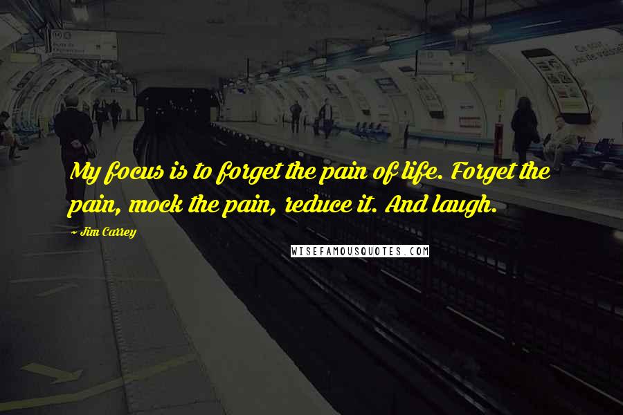 Jim Carrey quotes: My focus is to forget the pain of life. Forget the pain, mock the pain, reduce it. And laugh.