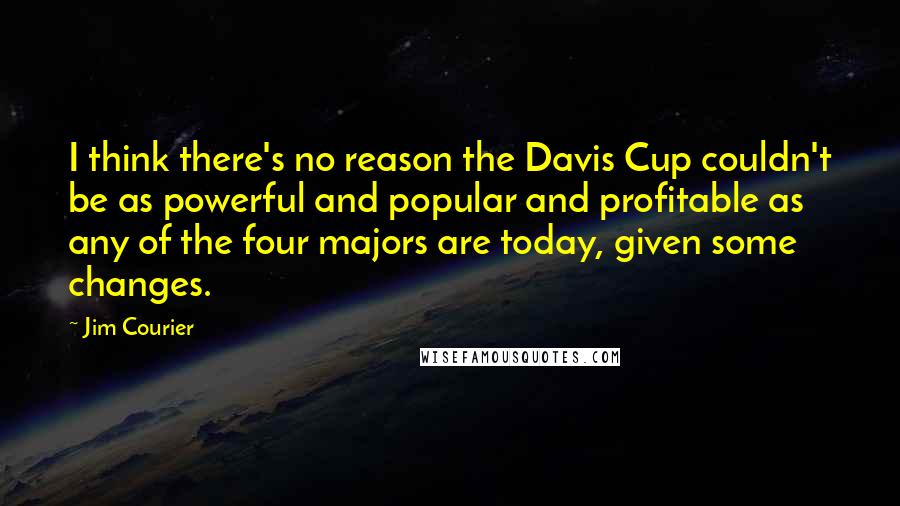 Jim Courier quotes: I think there's no reason the Davis Cup couldn't be as powerful and popular and profitable as any of the four majors are today, given some changes. Jim Courier quotes: I think there's no reason the Davis Cup couldn't be as powerful and popular and profitable as any of the four majors are today, given some changes.