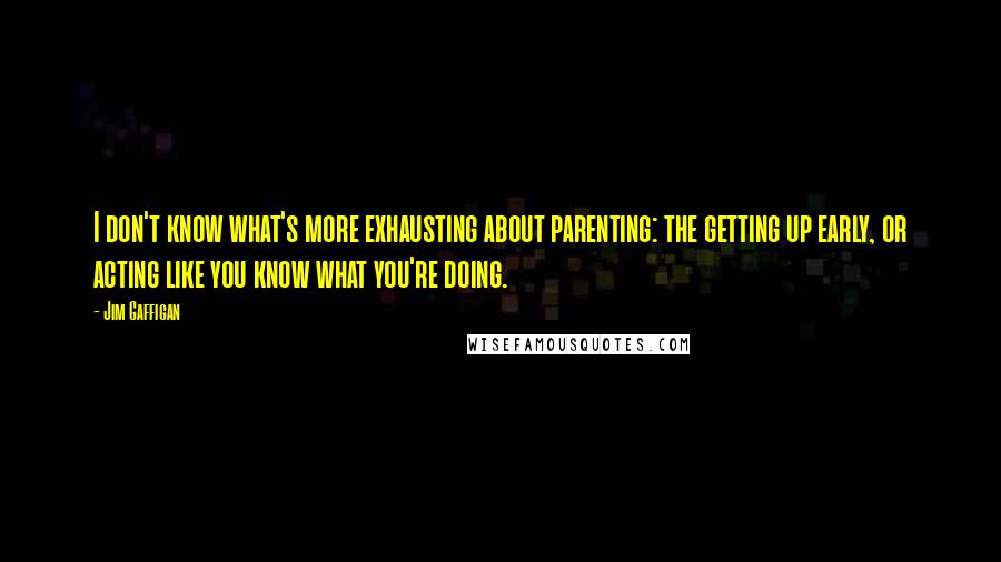 Jim Gaffigan quotes: I don't know what's more exhausting about parenting: the getting up early, or acting like you know what you're doing.