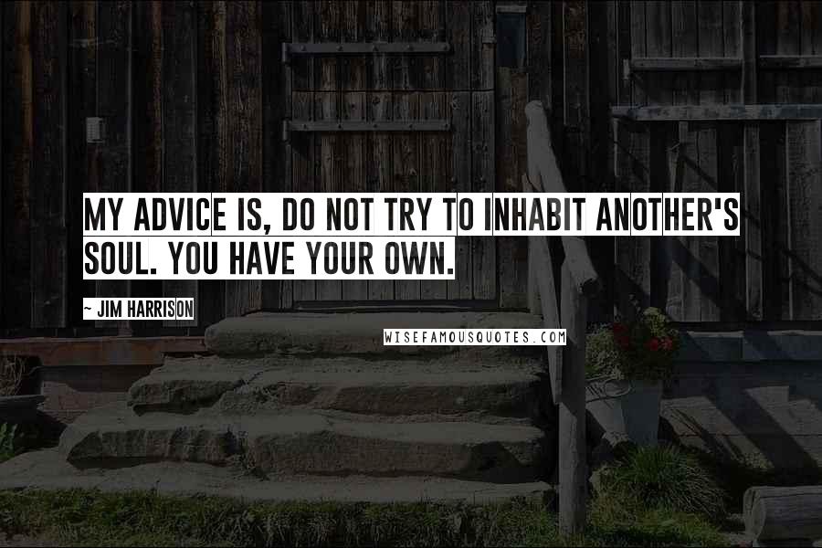 Jim Harrison quotes: My advice is, do not try to inhabit another's soul. You have your own.