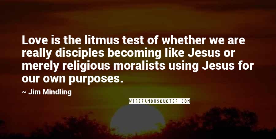 Jim Mindling quotes: Love is the litmus test of whether we are really disciples becoming like Jesus or merely religious moralists using Jesus for our own purposes.
