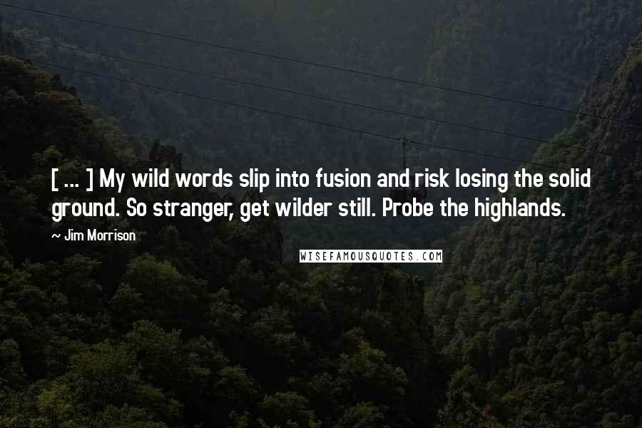 Jim Morrison quotes: [ ... ] My wild words slip into fusion and risk losing the solid ground. So stranger, get wilder still. Probe the highlands.