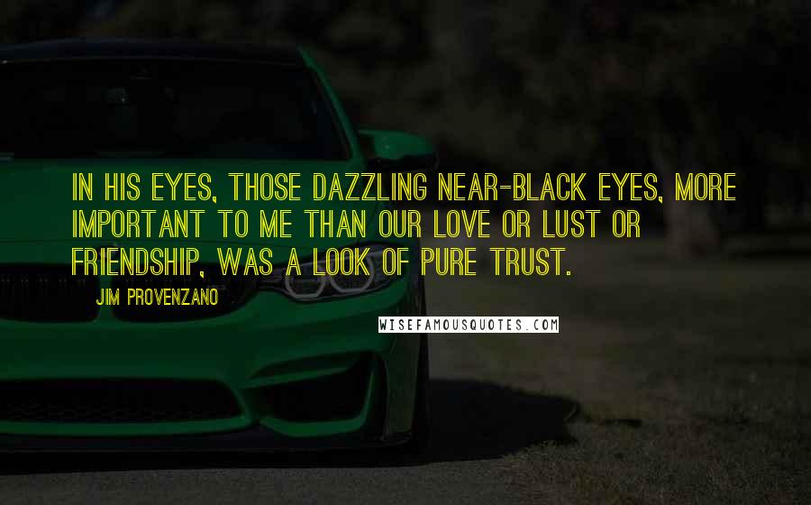 Jim Provenzano quotes: In his eyes, those dazzling near-black eyes, more important to me than our love or lust or friendship, was a look of pure trust.