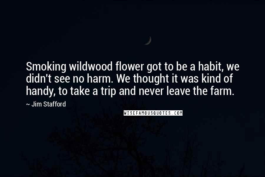 Jim Stafford quotes: Smoking wildwood flower got to be a habit, we didn't see no harm. We thought it was kind of handy, to take a trip and never leave the farm.