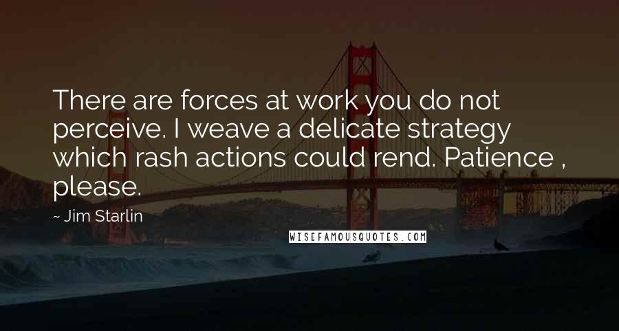 Jim Starlin quotes: There are forces at work you do not perceive. I weave a delicate strategy which rash actions could rend. Patience , please.