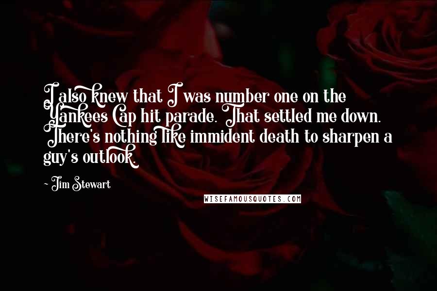 Jim Stewart quotes: I also knew that I was number one on the Yankees Cap hit parade. That settled me down. There's nothing like immident death to sharpen a guy's outlook.