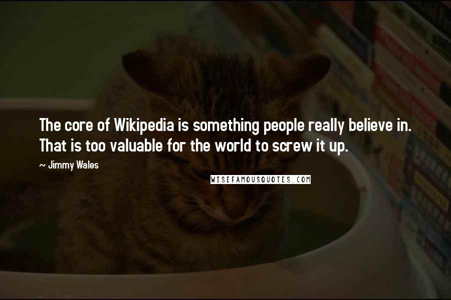 Jimmy Wales quotes: The core of Wikipedia is something people really believe in. That is too valuable for the world to screw it up.