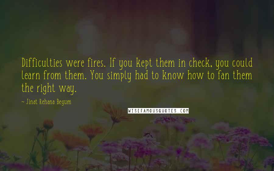 Jinat Rehana Begum quotes: Difficulties were fires. If you kept them in check, you could learn from them. You simply had to know how to fan them the right way.